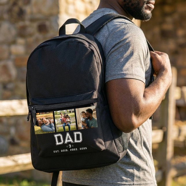 Dad Established Years Bold Black 3 Photo Printed Backpack (Creator Uploaded)