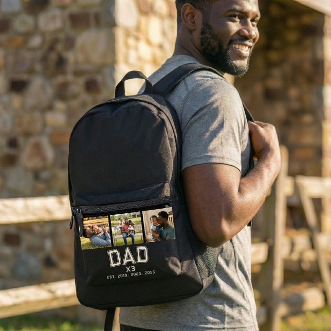 Dad Established Years Bold Black 3 Photo Printed Backpack (Creator Uploaded)