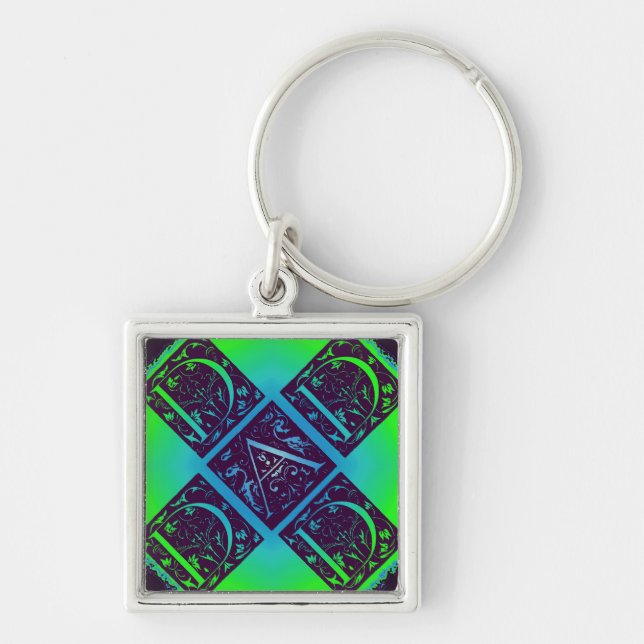 Dad Fancy Text Green Blue Background Key Ring (Front)