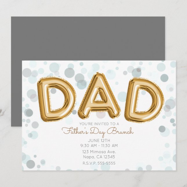 DAD Gold Balloons Father's Day Brunch Modern Grey Invitation (Front/Back)