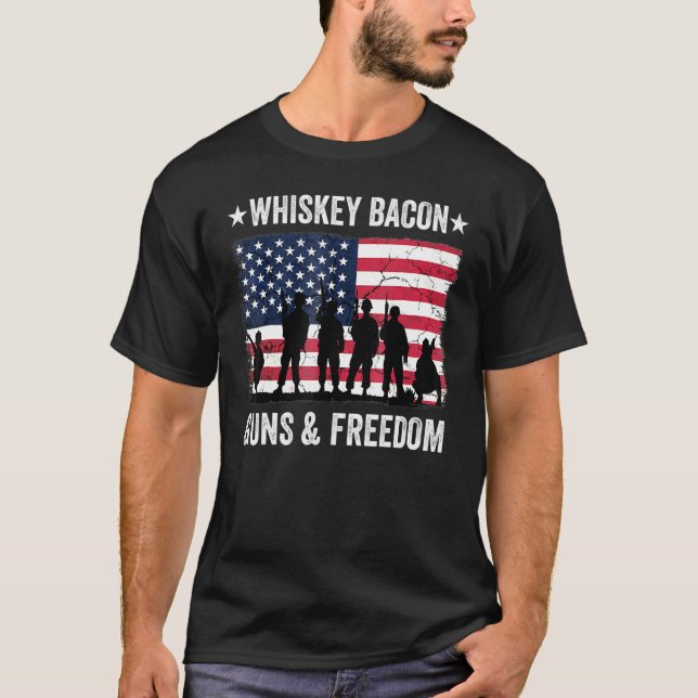 Dad Grandpa Veteran Us Flag Whiskey Bacon Guns Fre T-Shirt (Front)