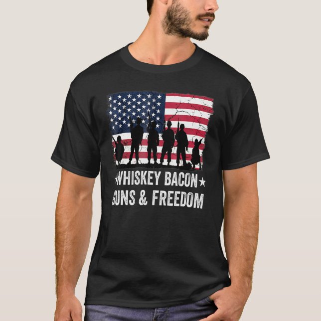 Dad Grandpa Veteran Us Flag Whiskey Bacon Guns Fre T-Shirt (Front)