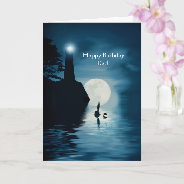 Dad Happy Birthday Lighthouse and Sailboat Ocean Card (Orchid)
