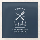 Dad head chef bbq grill Christmas birthday modern Glass Coaster<br><div class="desc">Head chef bbq grill Christmas,  birthday,  Mothers or Fathers day Dad modern coaster white and navy blue design.</div>