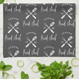 Dad head chef bbq grill Christmas birthday modern  Tea Towel