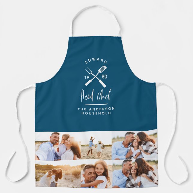 Dad head chef bbq grill multi photo modern blue apron (Front)