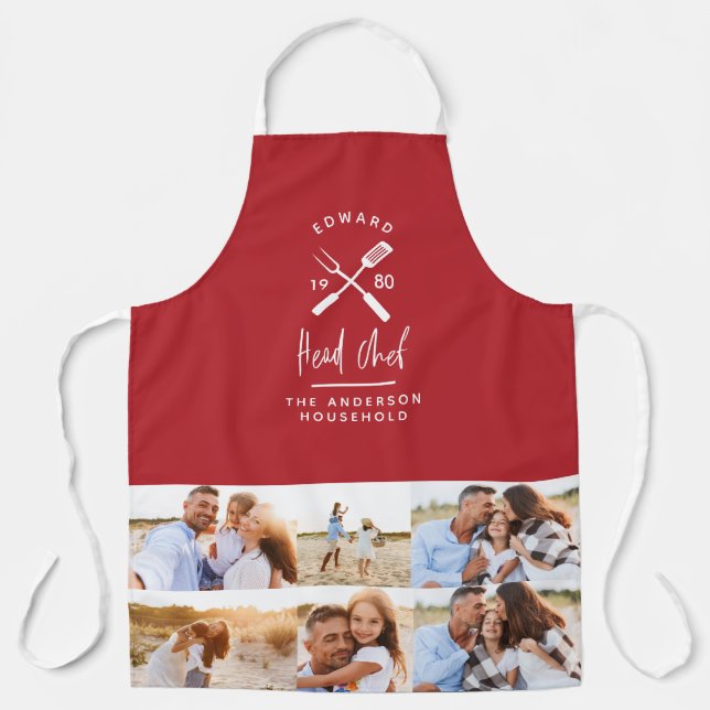 Dad head chef bbq grill multi photo modern red apron (Front)
