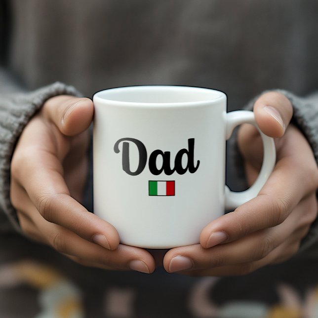 Dad Italian Flag Mug (Man's hands holding white Dad mug with Italian Flag. Gift for Father or Dad-to-be.)