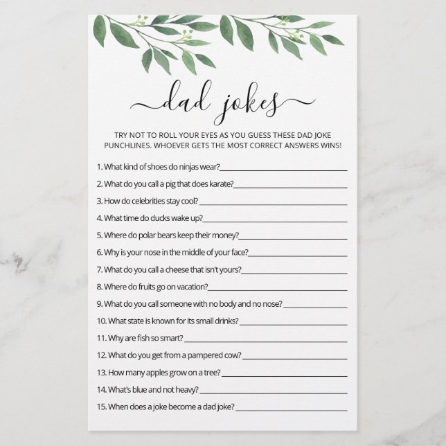 Dad Jokes Baby Shower game with Answers (Front)