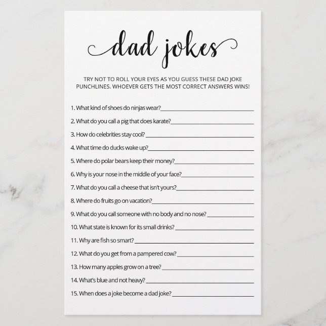 Dad Jokes Baby Shower game with Answers (Front)
