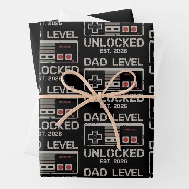 Dad Level Unlocked 2026 Soon to Be Gamer Daddy Wrapping Paper Sheet (In situ)