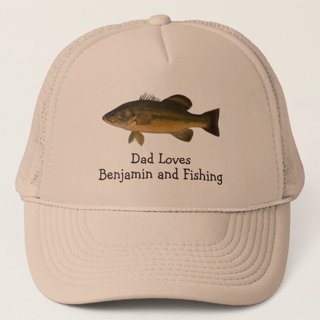 Dad Loves Child's Name and Fishing with Bass Trucker Hat (Front)