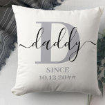 Dad Monogram Elegant Script Silver Grey Cushion<br><div class="desc">Personalised pillow for a new daddy or long established dad, which you can personalise with the date they became a father. This trendy minimalist design has a colour palette of silver grey, black and white. It has a Dad monogram, with the initial letter D and the name daddy, lettered in...</div>
