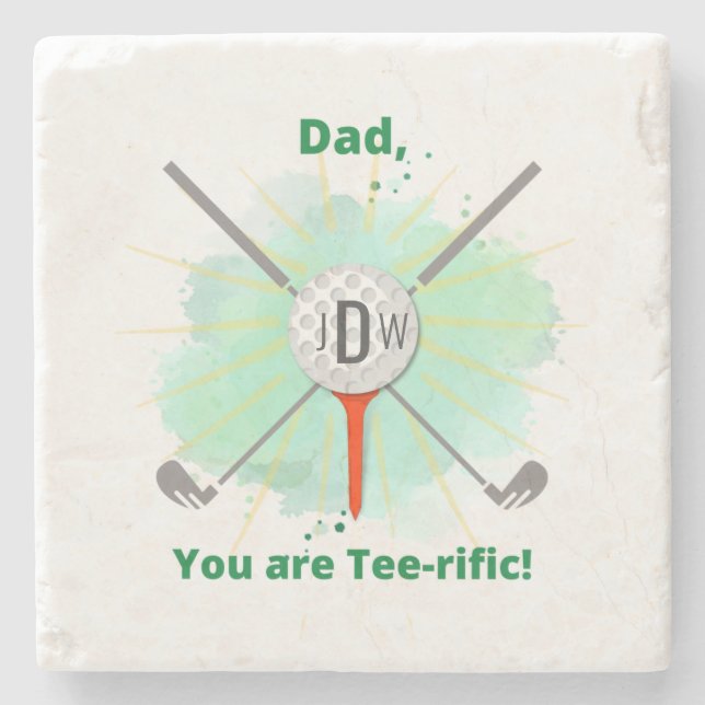 Dad | Monogrammed Golf Ball & Tee Stone Coaster (Front)