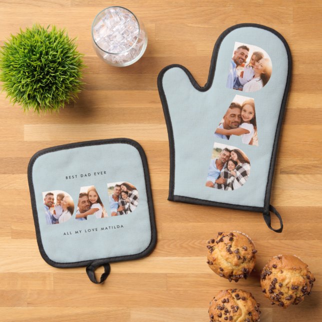Dad multi photo modern typography blue oven mitt & pot holder set (Top Down)