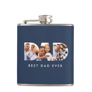 Dad multi photo typography navy blue modern  hip flask