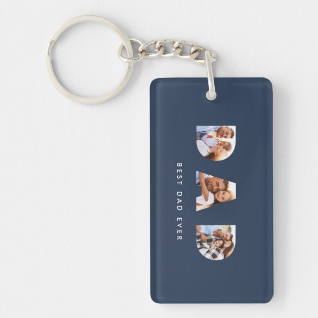 Dad multi photo typography navy blue modern key ring (Front)