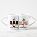 dad & mum personalised name coffee mug set<br><div class="desc">For him: a coffee mug illustration with the words 'DAD loves mum' and a small moustache. For her: the same design,  with the word MOM and a little red heart. A great idea for best parents ever. A personalizable item</div>