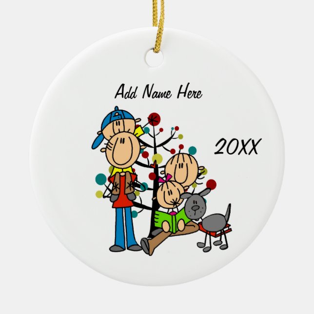 Dad, Mum, Toddler Boy and Girl, Grey Dog Ornament (Front)