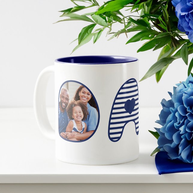 Dad Navy Blue Stripe Bubble Lettering Heart Photos Two-Tone Coffee Mug (Dad Navy Blue Stripe Bubble Lettering Heart Photos Two-Tone Coffee Mug)