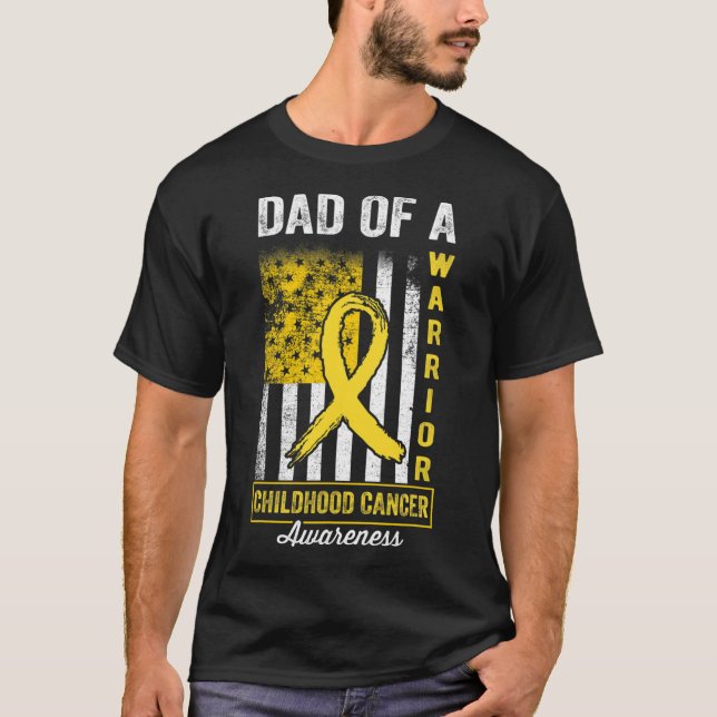 Dad of A Warrior Childhood Cancer Awareness Gold R T-Shirt (Front)