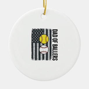 Dad of Ballers Softball Baseball Patriotic Ceramic Ornament
