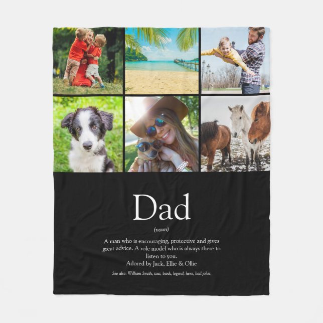 Dad Papa Father Definition 6 Photo Collage Black Fleece Blanket (Front)
