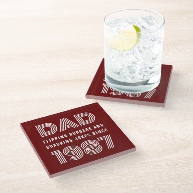 Dad Personalised Year Grill Master BBQ Red Glass Coaster (Angled)