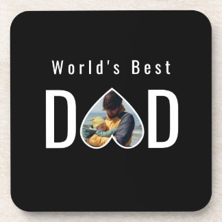 Dad Photo in Black Heart Frame Modern Text Coaster