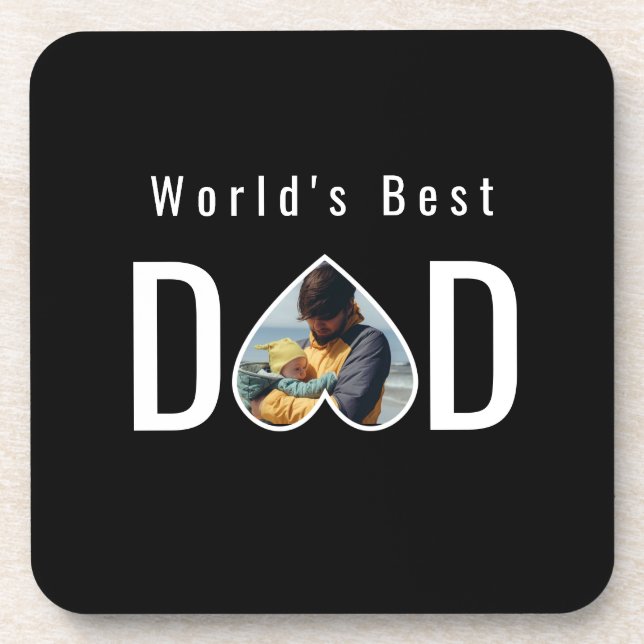 Dad Photo in Black Heart Frame Modern Text Coaster (Front)