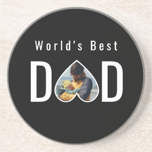 Dad Photo in Black Heart Frame Modern Text Coaster