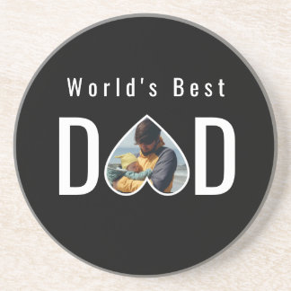 Dad Photo in Black Heart Frame Modern Text Coaster