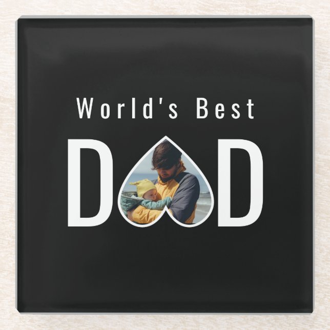 Dad Photo in Black Heart Frame Modern Text Glass Coaster (Front)