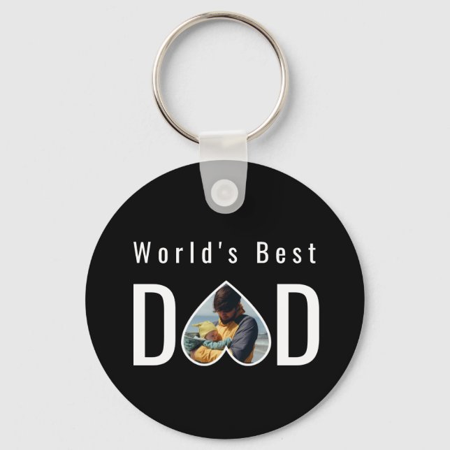 Dad Photo in Black Heart Frame Modern Text Key Ring (Front)