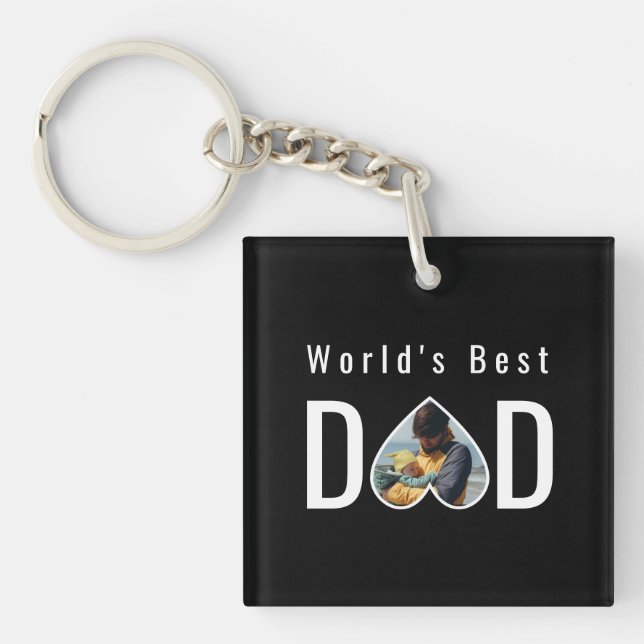 Dad Photo in Black Heart Frame Modern Text Key Ring (Front)