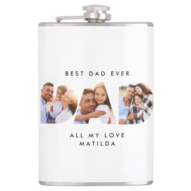 Dad photo modern typography child gift hip flask (Front)