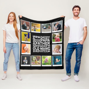 Dad Pops Father Old Man Photo Collage Chic Black Fleece Blanket