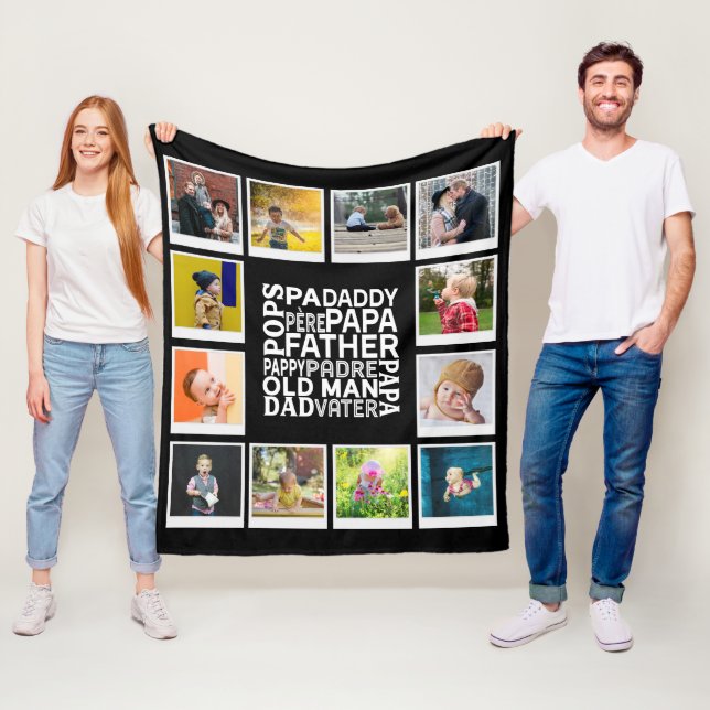 Dad Pops Father Old Man Photo Collage Chic Black Fleece Blanket (In Situ)