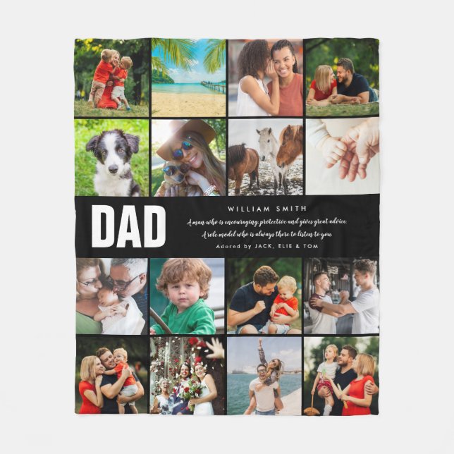 Dad Quote16 Photo Collage Black and White Fleece Blanket (Front)