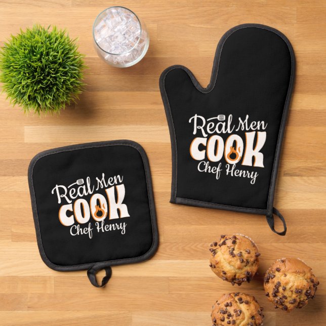 Dad Real Men Cook Custom Chef Father's Day Oven Mitt & Pot Holder Set (Top Down)