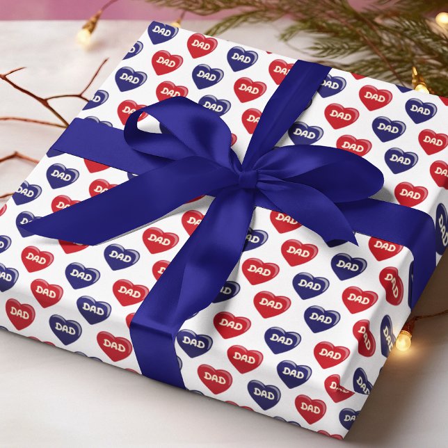 Dad Red Blue Heart Birthday Father's Day Wrapping Paper (Creator Uploaded)