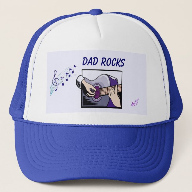 "Dad Rocks" Guitar Player Trucker Hat (Front)