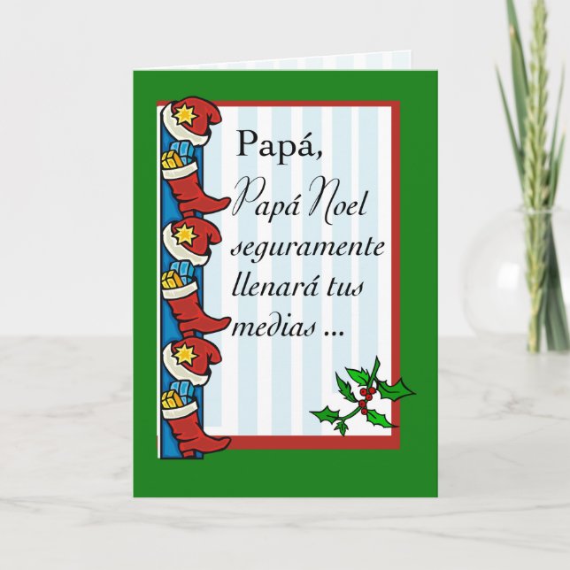 Dad, Santa Fills Stockings, Funny, Spanish Holiday Card (Front)