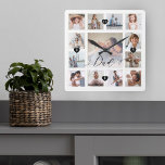 Dad Script Family Memory Photo Grid Collage Square Wall Clock<br><div class="desc">A beautiful personalised gift for your Dad that he'll cherish for years to come. Features a modern thirteen photo grid collage layout to display 13 of your own special family photo memories. "Dad" designed in a beautiful handwritten black script style. Each photo is framed with a simple gold-coloured frame. Simple...</div>