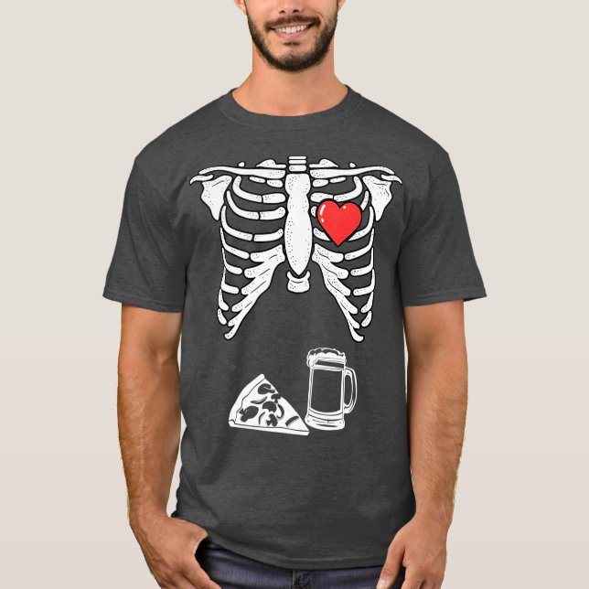Dad Skeleton Halloween Beer Pizza Funny Couple T-Shirt (Front)