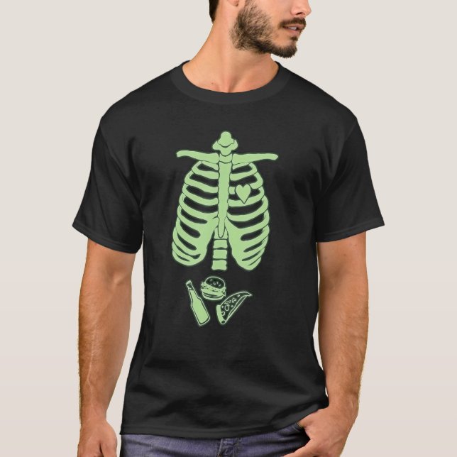 Dad Skeleton Halloween Beer Pizza  Pregnancy Coupl T-Shirt (Front)