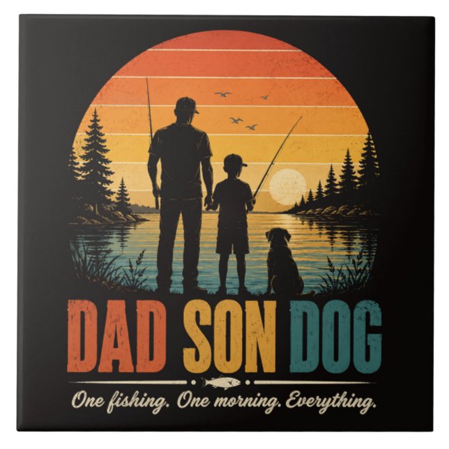 Dad Son Dog Fishing Morning Ceramic Tile (Front)