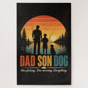 Dad Son Dog Fishing Morning Jigsaw Puzzle