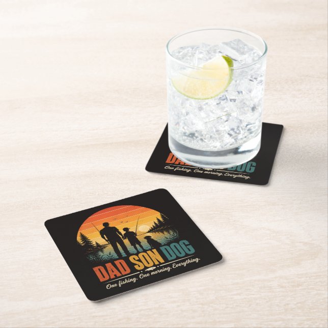 Dad Son Dog Fishing Morning Square Paper Coaster (Insitu)