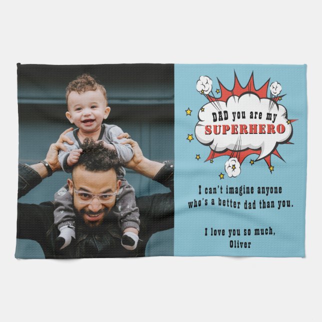 Dad Superhero Cartoon Speech Bubble Father`s day Tea Towel (Horizontal)
